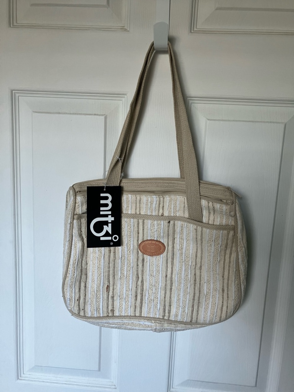 Cream Striped Tote Bag with Dual Shoulder Straps